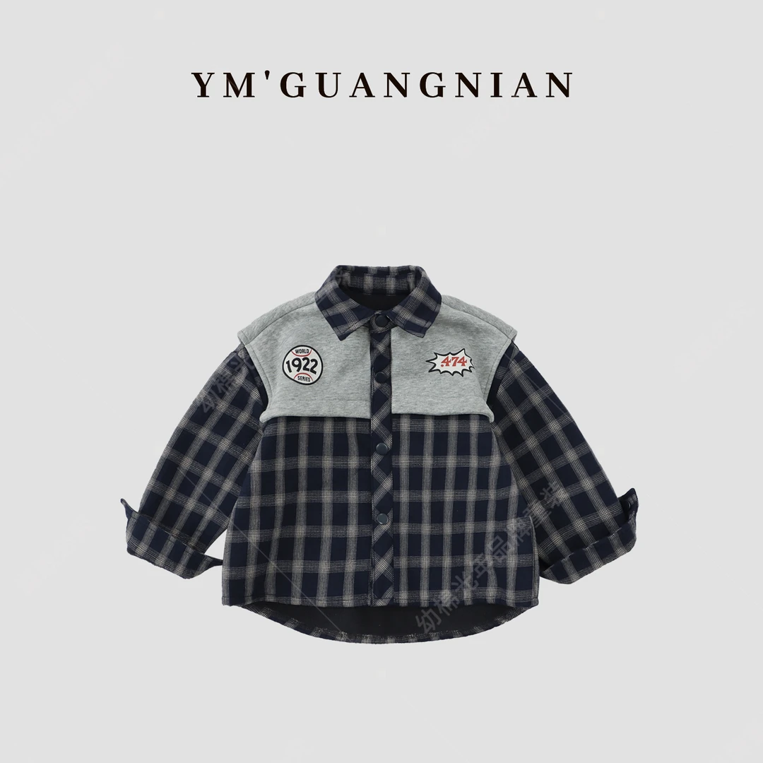 【幼棉光年】萌娃冬装加绒保暖防寒衬衫外套儿童纯色休闲百搭72881