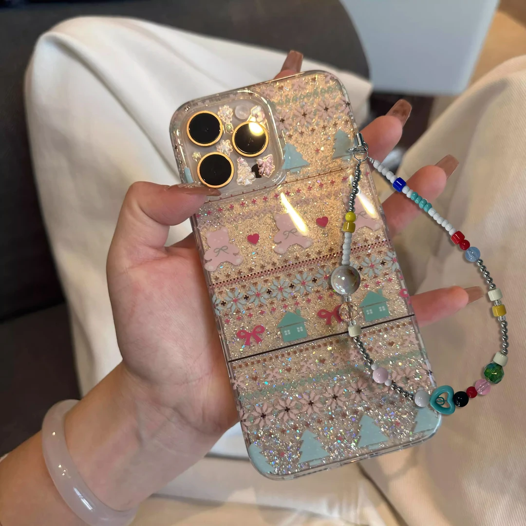 可爱卡通闪粉房屋小熊链条适用苹果16promax手机壳15promax新款14