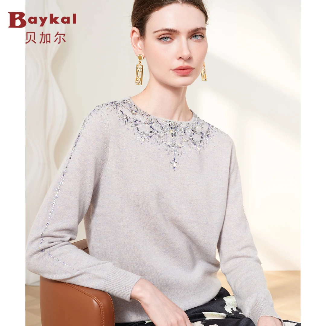 贝加尔秋冬精致水钻针织衫灰色圆领套头100%山羊绒衫25022