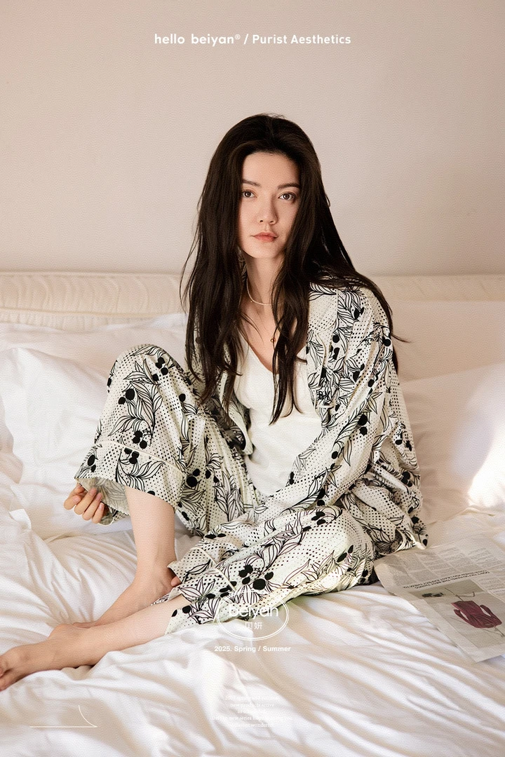 贝妍睡衣新款性感开衫长袖家居服柔软莫代尔棉套装贝妍睡衣