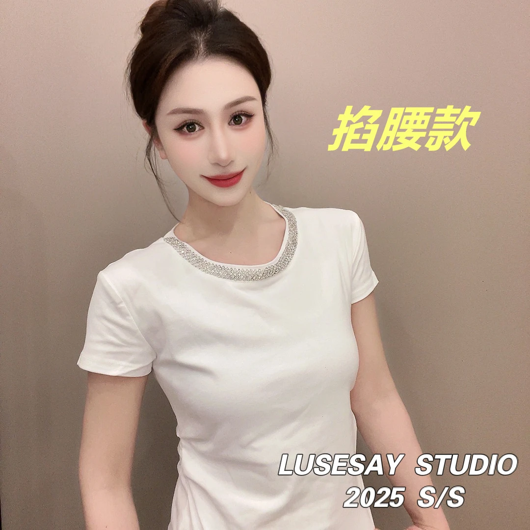 LUSESAY 设计感圆领烫钻 夏季2025新款 短袖t恤女百搭休闲上衣