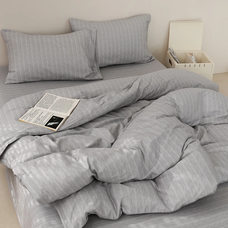 冷杉中性极简风竖纹全棉三四件套100纯棉被套床单宿舍床笠新款