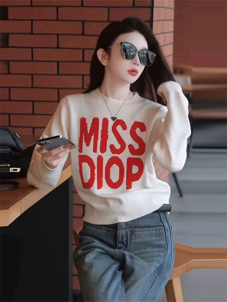 春季新款女装气质潮流上衣长袖字母提花套头圆领毛衣长袖针织衫女