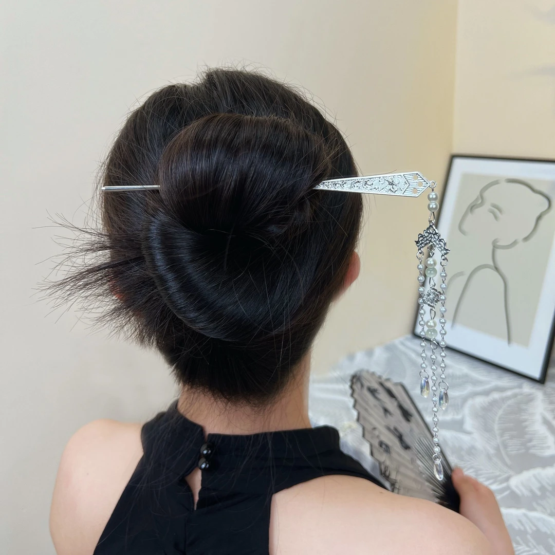 民族风银色珠珠水滴发钗简约小众气质百搭发簪新中式饰品步摇簪子
