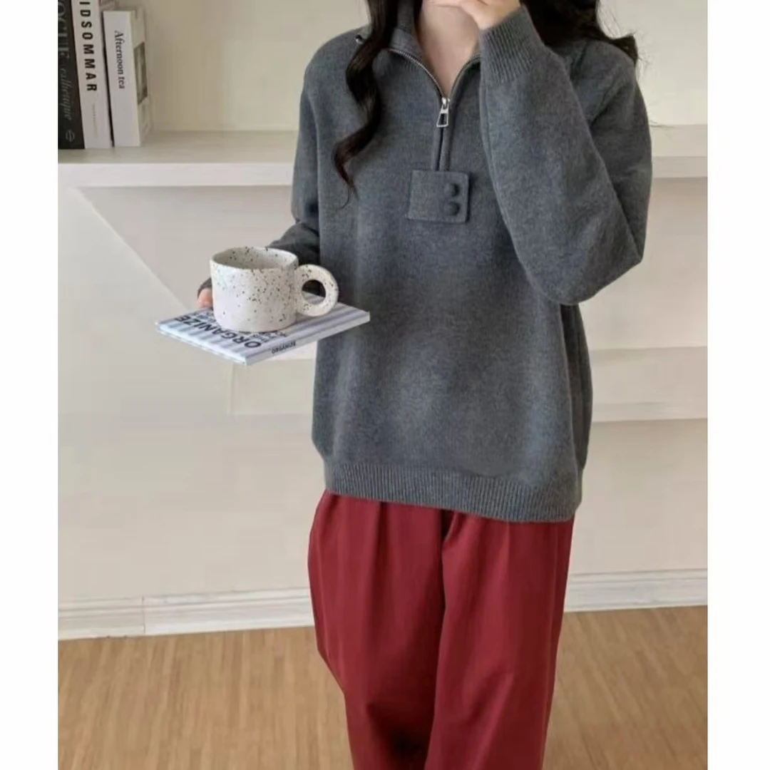 玳妮【贴布半拉链针织】冬季新款时尚简约翻领纯色百搭半拉链针织衫