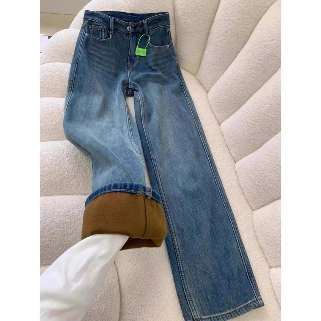 覆古蓝加绒直筒牛仔裤女秋冬梨形身材春秋宽松高腰显瘦窄版阔腿裤