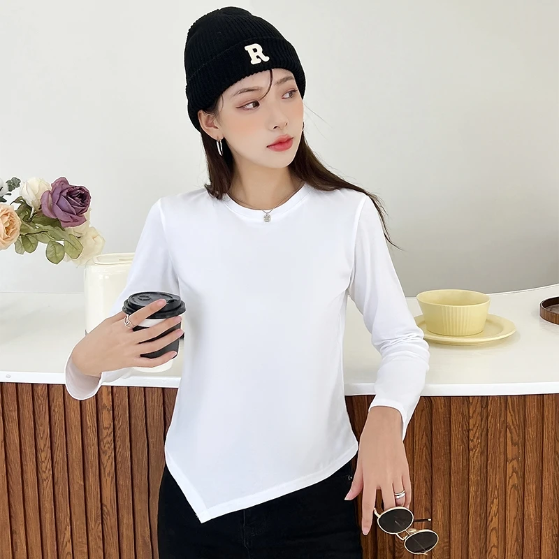 秋季女款爆款2025新款长袖t恤女不规则圆领春装显瘦内搭打底上衣