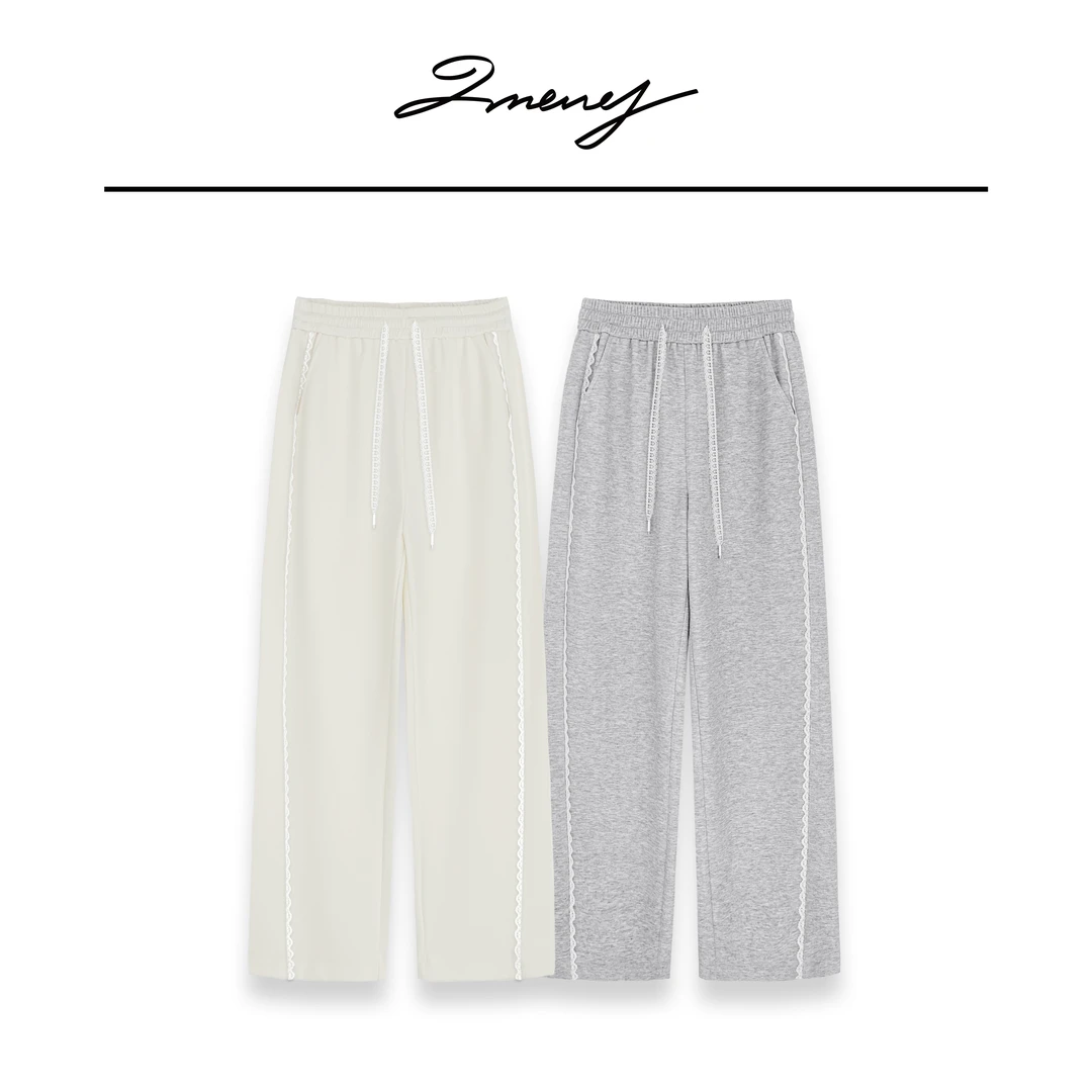 LMENY【清】蕾丝卫裤~花边拼接高腰显瘦直筒抽绳卫裤25AK015