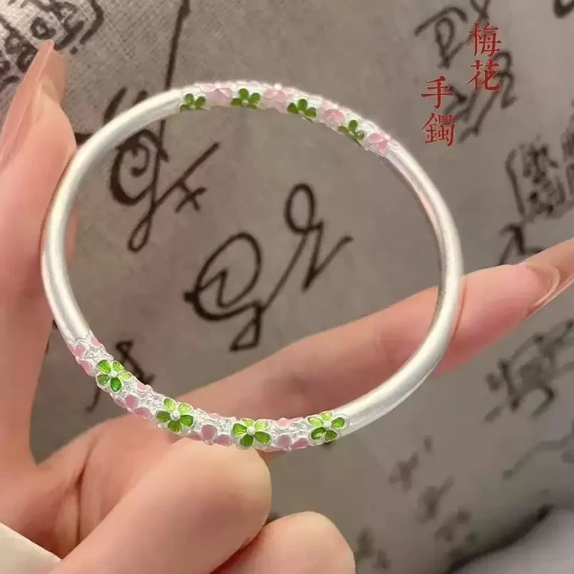 足银手镯 17号-足银实心闭口手镯【珐琅彩花卉古法手镯】