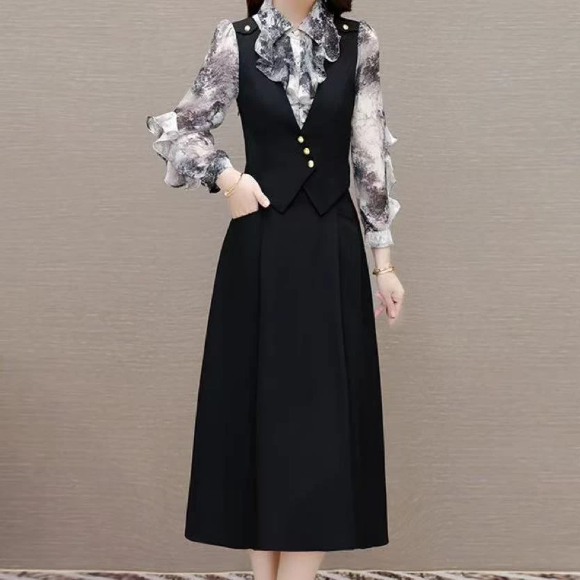 新款气质高级感通勤假两件长袖女遮肚秋宽松显瘦时尚高档裙