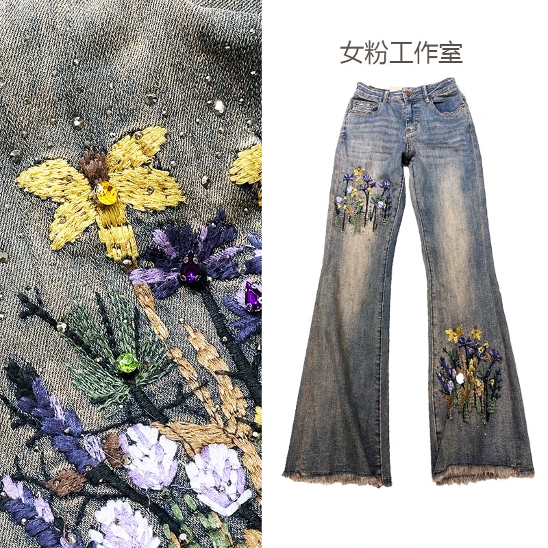 微喇叭牛仔裤刺绣烫钻高腰提臀重工复古轻熟风水洗做旧国潮百搭裤