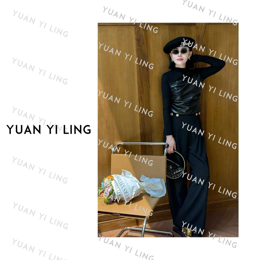 袁艺灵【街拍密码】25秋冬醋酸PU拼接设计感百搭时尚打底T恤3093