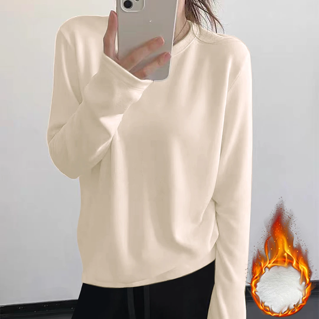 婳娇双面德绒加厚长袖T恤女冬季圆领宽松慵懒休闲百搭奶油色上衣