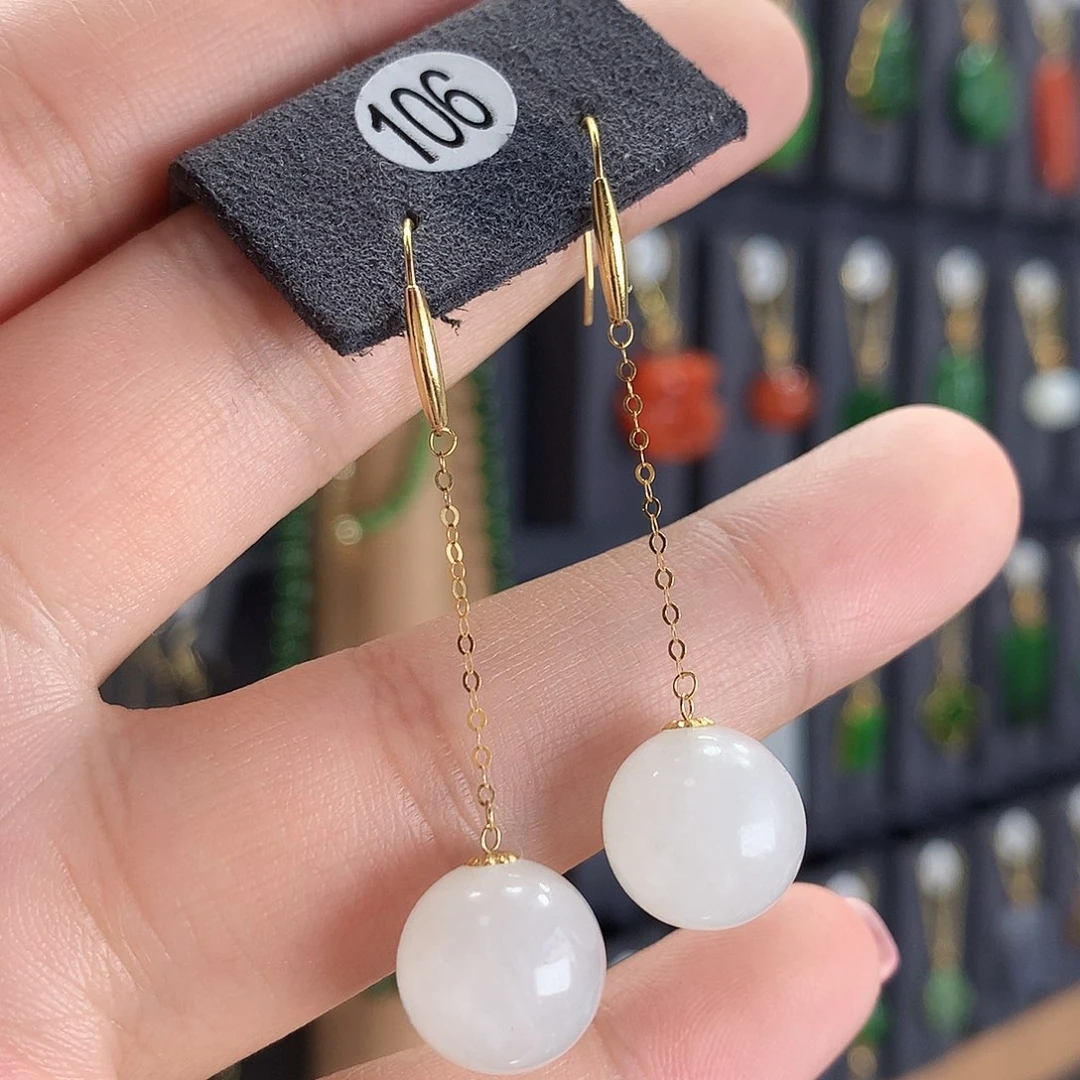 和田玉耳饰18K金镶嵌106