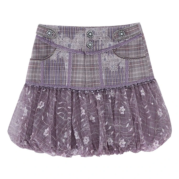 【蜜思仝粉丝专享】LULUALWAYS夏季高腰格纹拼网纱半身裙LMB4111