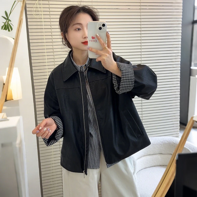 2025春季流行复古高级感显瘦黑色皮衣外套女休闲宽松百搭夹克上衣
