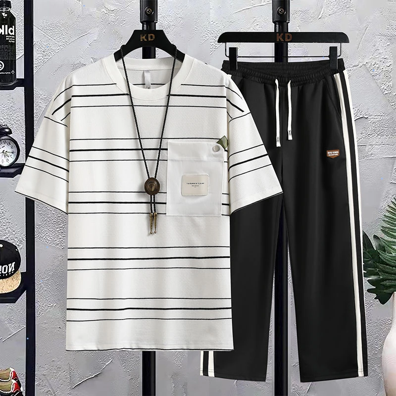 汤米芙兰可条纹短袖T恤运动长裤套装男生新款潮牌宽松时尚简约潮