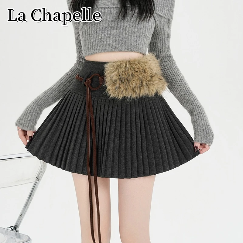 拉夏贝尔秋季新款毛呢百褶半身裙韩版百搭防走光显瘦A字包臀短裙