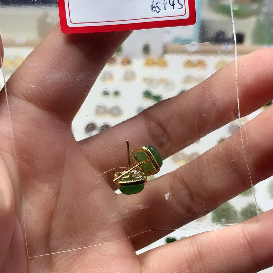 银S925镀金镶嵌和田玉（碧玉）耳饰叶*