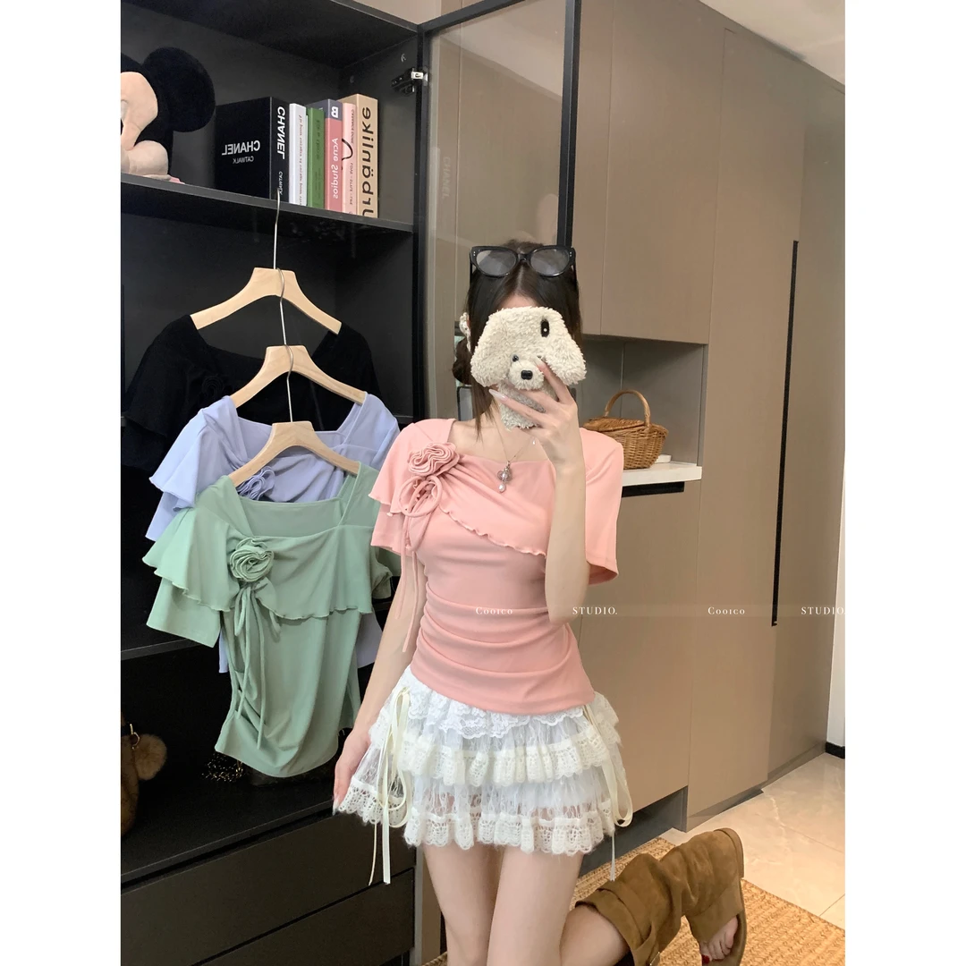 大码胖mm欧若风遮肚短袖T恤2025夏季宽松高级感设计感显瘦上衣女
