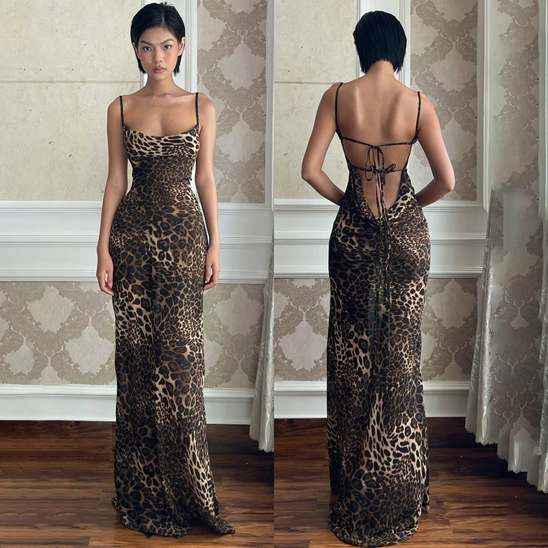 欧美风性感大露背吊带绑带豹纹连衣裙女2025新款时尚度假修身长裙