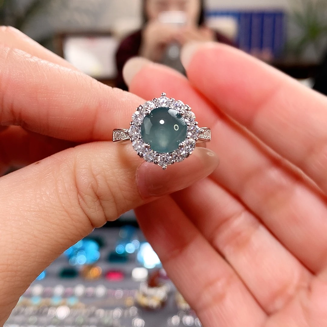 翡翠银S925镶嵌戒指蓝水戒指