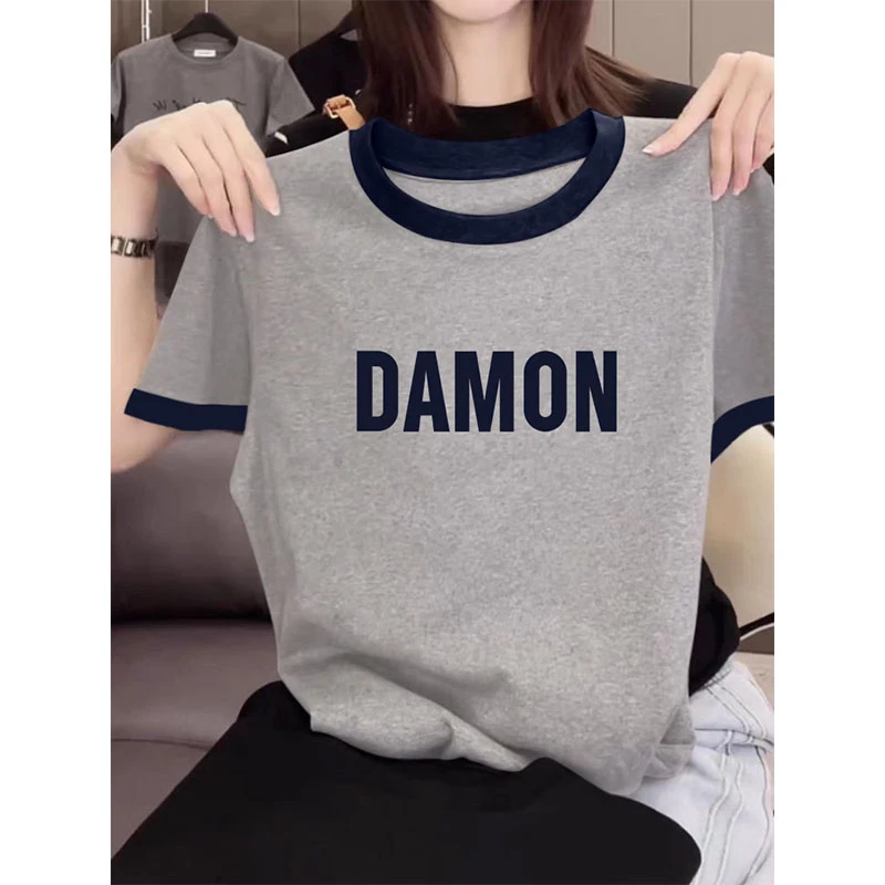 2025年夏季新款高级灰拼色短袖T恤女时尚撞色减龄洋气正肩上衣潮