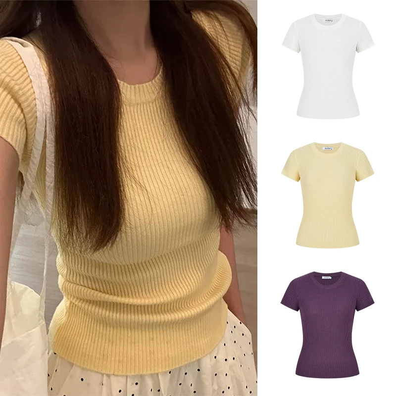 Moses Queen/魔西女王时髦凉感夏季黄色针织衫正肩收腰修身短袖女