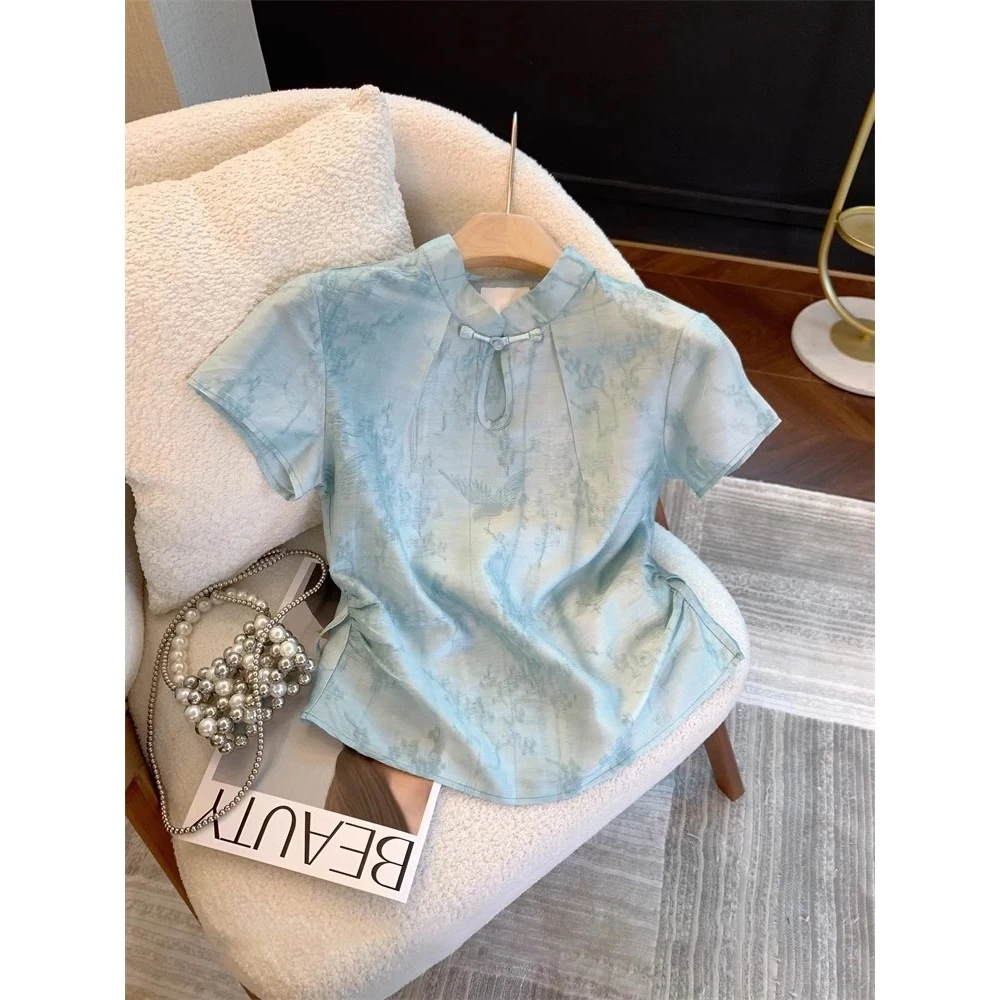 新中式国风浅色提花短袖衬衫女夏款禅意复古盘扣改良旗袍领小上衣