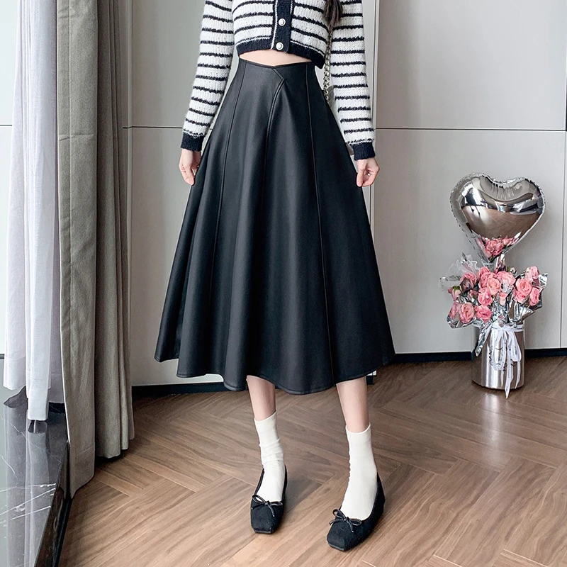 高档pu皮半身裙女22025冬新大摆皮裙高腰中长裙a字裙遮胯显瘦半裙