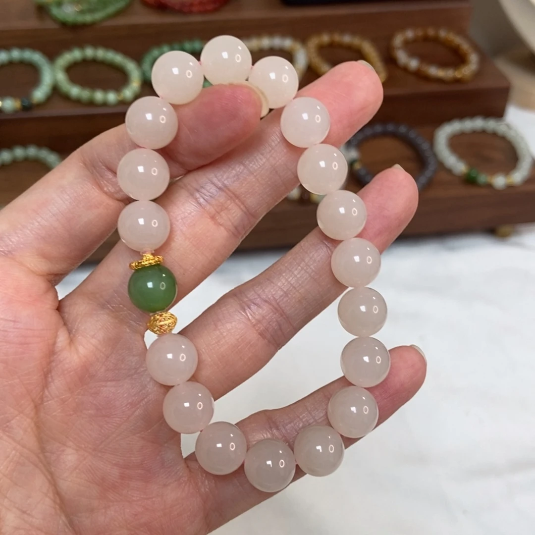 18K金镶嵌手链和田玉10mm藕粉精品