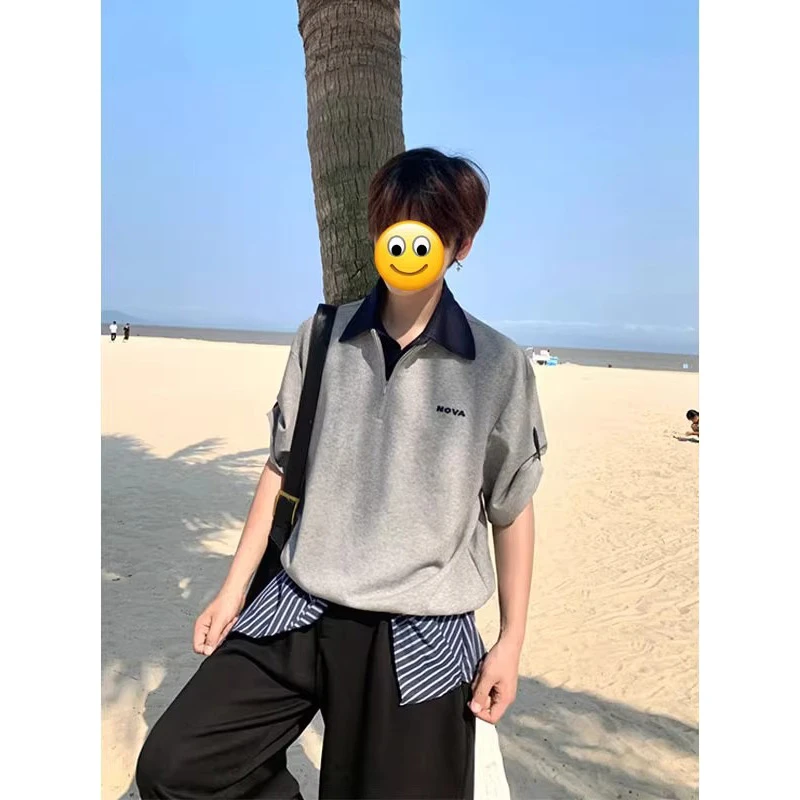 假两件半拉链Polo衫短袖男款夏季潮牌美式高街撞色翻领T恤上衣