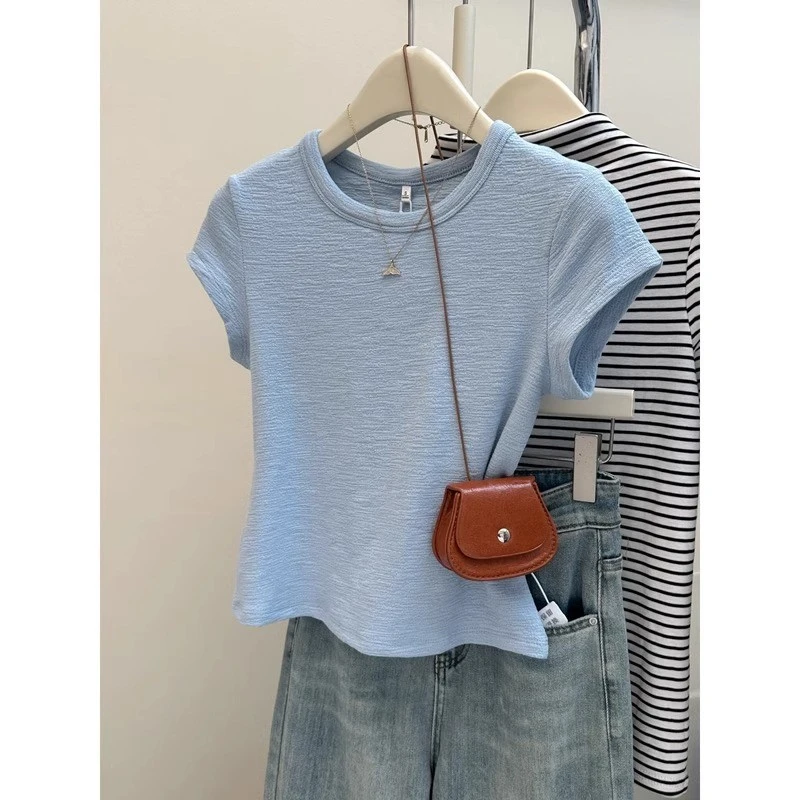 肌理褶皱感短袖T恤女夏季韩版修身内搭外穿打底衫短款正肩上衣潮