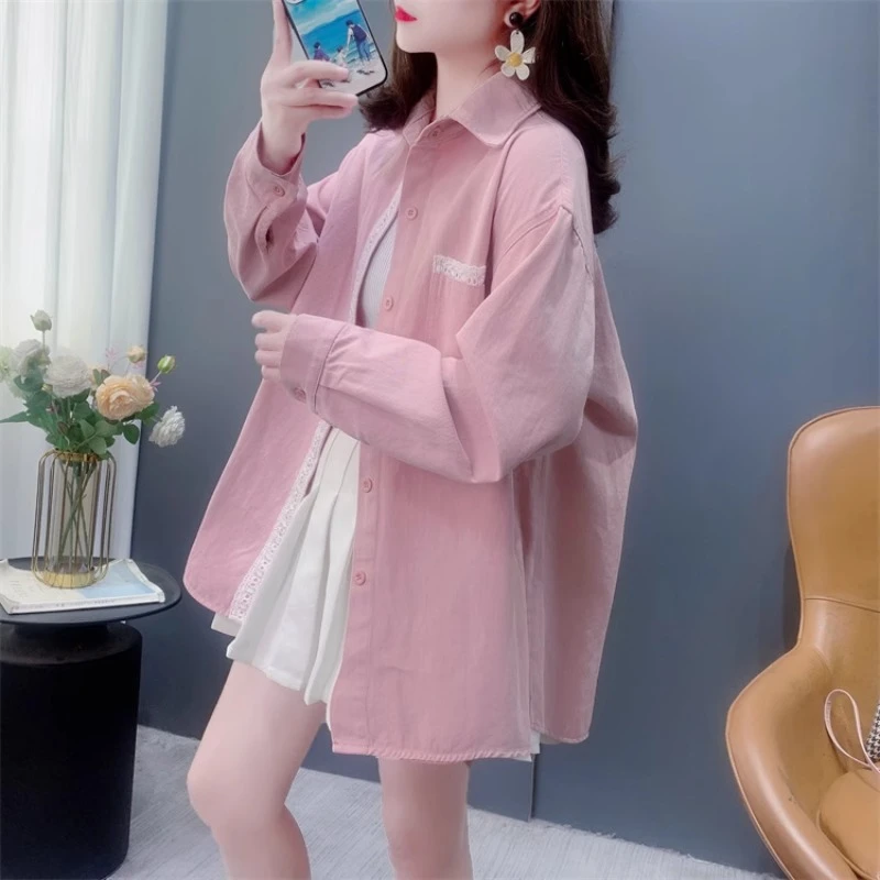 糖果色蕾丝边拼接牛仔衬衫女早春2025年新款宽松百搭休闲外套上衣