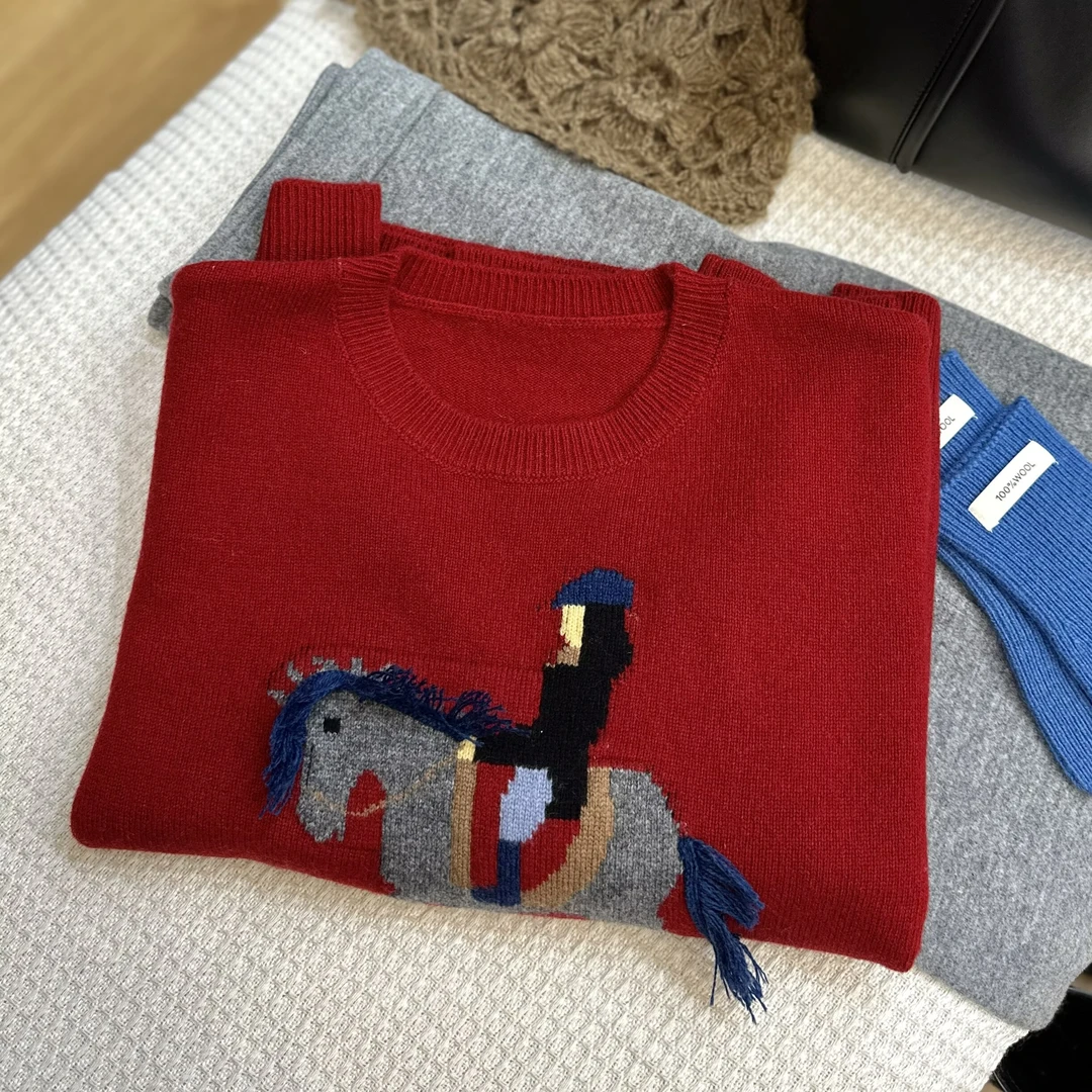 全羊毛马年款单件保暖开衫款圆领不褪色女毛衣冬季百搭纯色秋冬