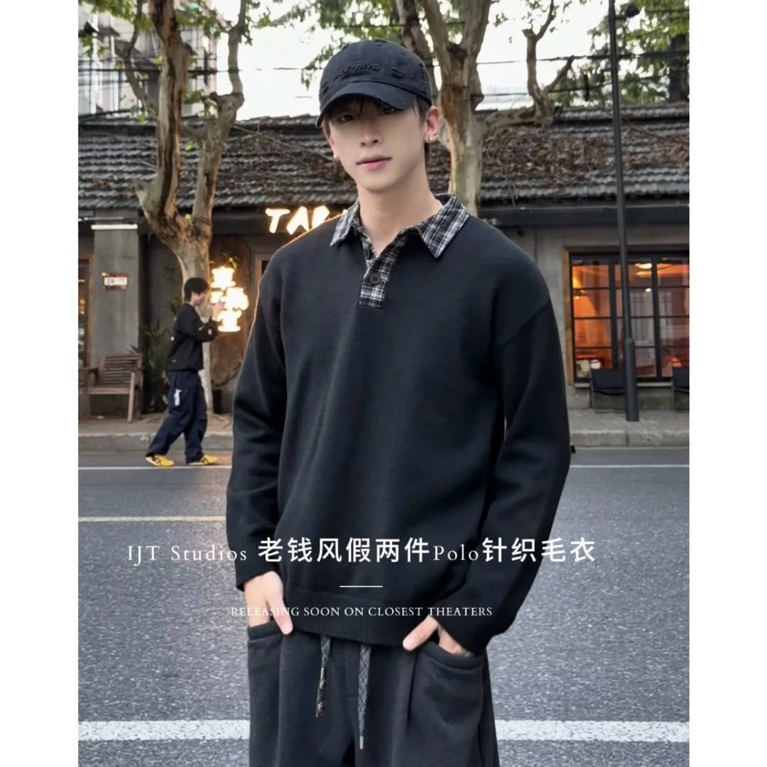 IJT studio秋冬新品复古休闲翻领拼接老钱风假两件针织毛衣88223