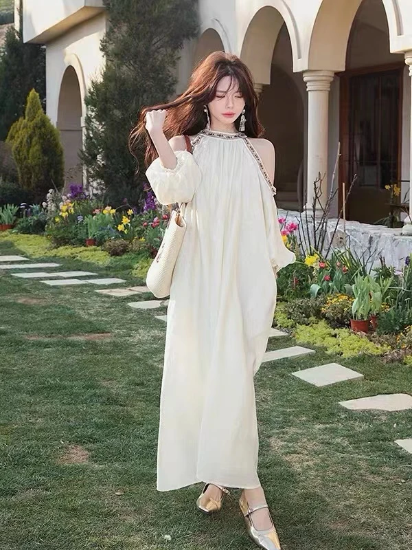 K3551夏季新款法式露肩连衣裙女宽松显瘦超仙度假风雪纺长裙子