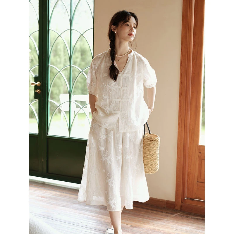 MIXABO新中式杏色提花套装女夏装两件套半身裙盘扣短袖衬衫肌理感