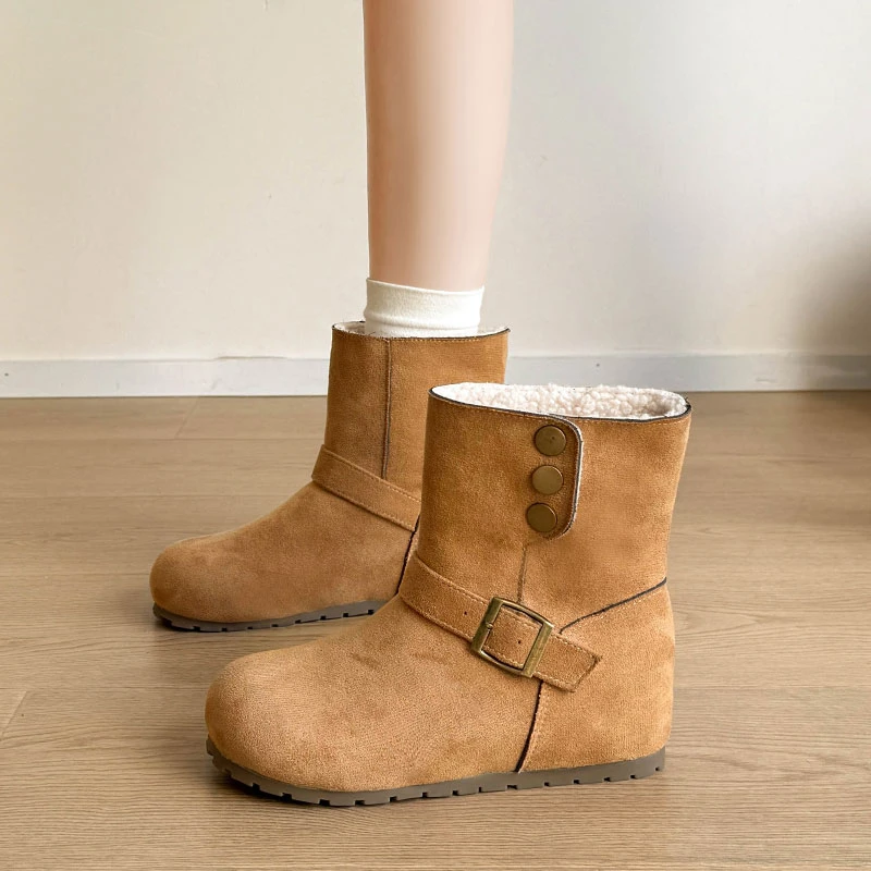 两穿皮带扣雪地靴女2025秋冬季新款时尚百搭加绒勃肯短靴保暖棉鞋