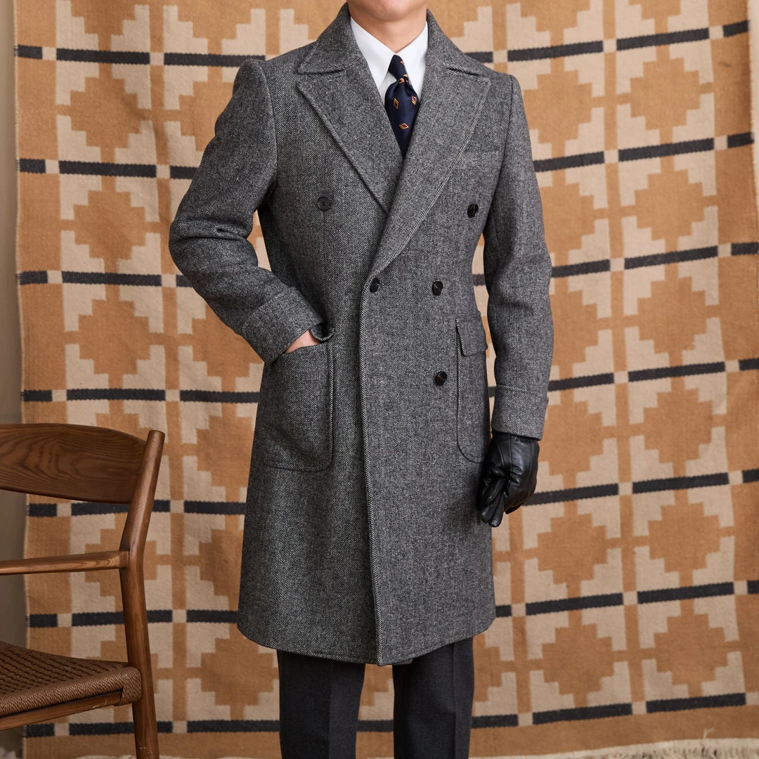 西格Xg 【马球总裁大衣】重磅羊毛人字纹双排扣中长款大衣1014