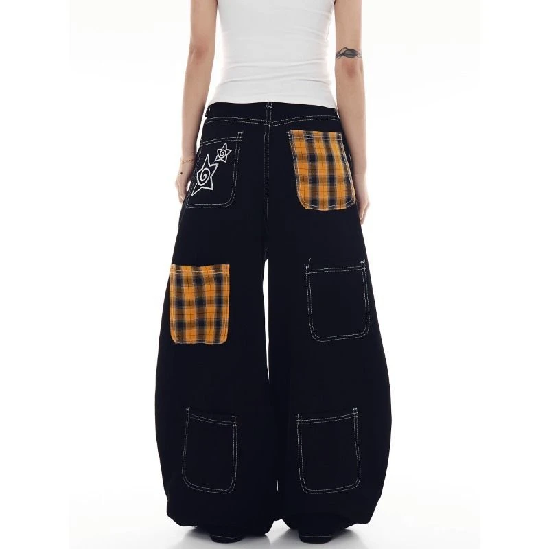 美式复古格子拼接弯刀牛仔裤男女多口袋阔腿裤工装个性休闲长裤潮