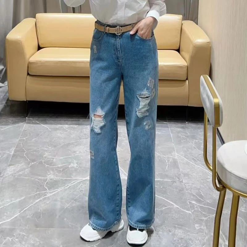 【商场同款】2025新款重工百搭时尚高腰宽松烫钻破洞阔腿牛仔裤长裤