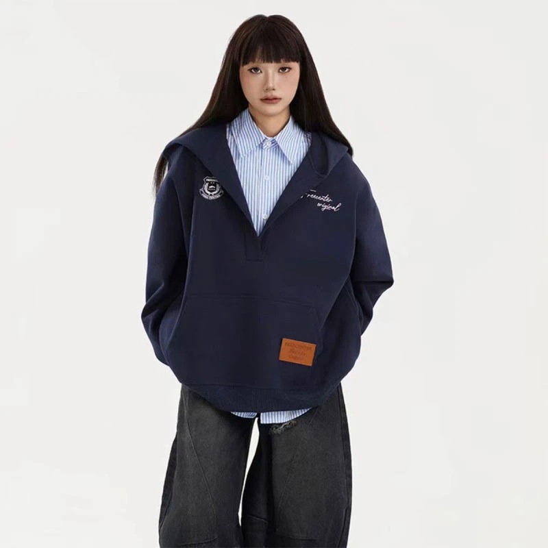 2025新款美式松弛感大V领设计卫衣春季新款休闲宽松情侣连帽衫