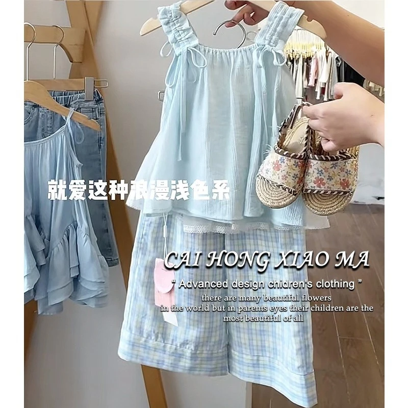 韩版童装女童套装2025夏季新款儿童海盐小清新吊带上衣甜美格子裤