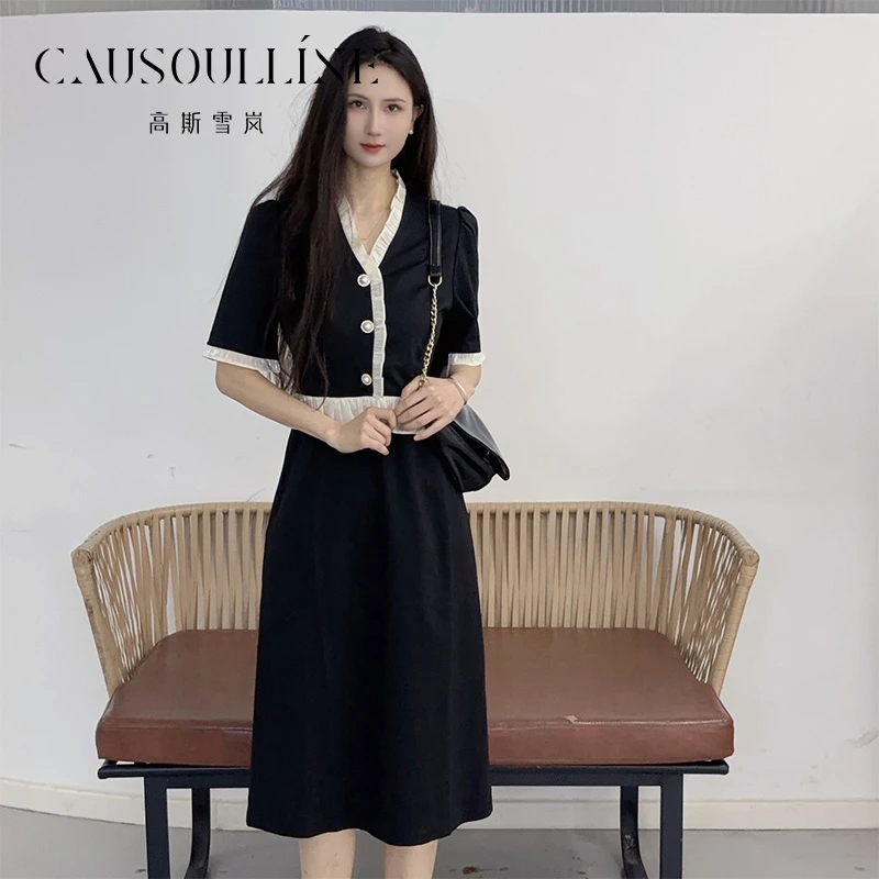 高斯雪岚荷叶边拼色法式复古气质连衣裙25261716