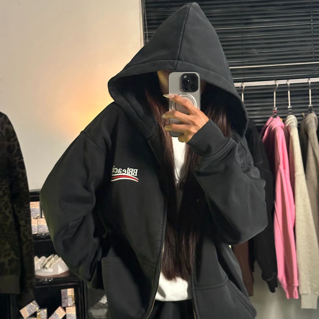 男女风潮牌时尚复古休闲ins风运动连帽百搭加绒加厚款卫衣套装