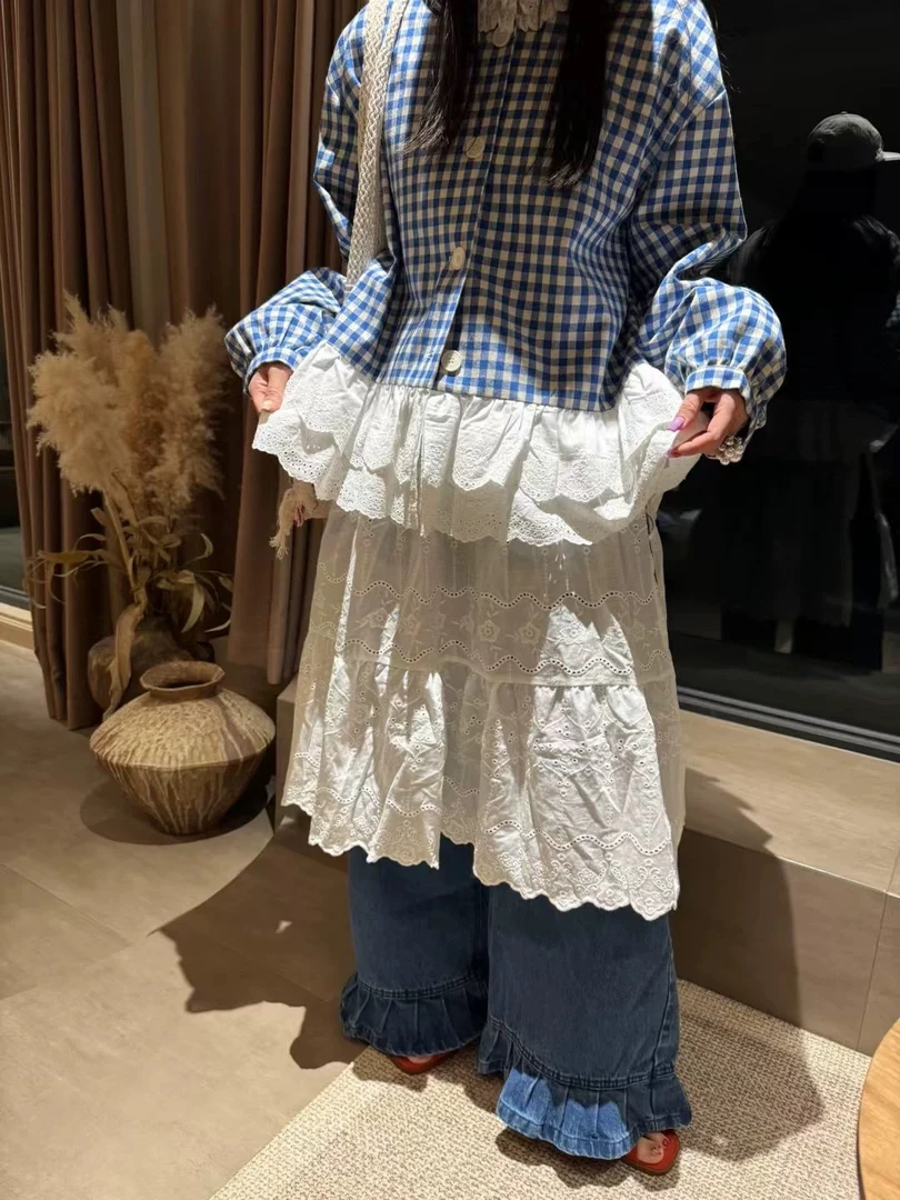 设计感小众荷叶边拼接格子衬衫女2025春季新款韩版时尚小个子上衣
