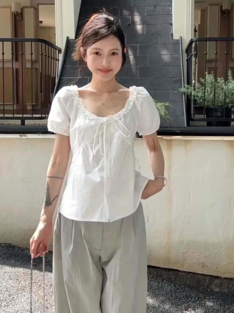 U领花边泡泡袖衬衫女2025夏季新款韩系气质休闲宽松百搭白色上衣