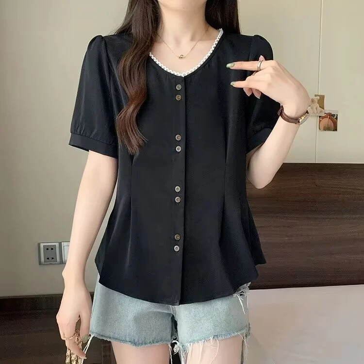 大码女装法式短袖单排多扣百搭夏季衬衫宽松胖MM小衫黑色花边上衣