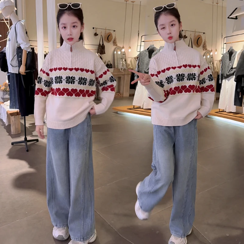 【允恬】女童冬款加厚半拉链提花爱心毛衣百搭时尚年服款针织打底衫